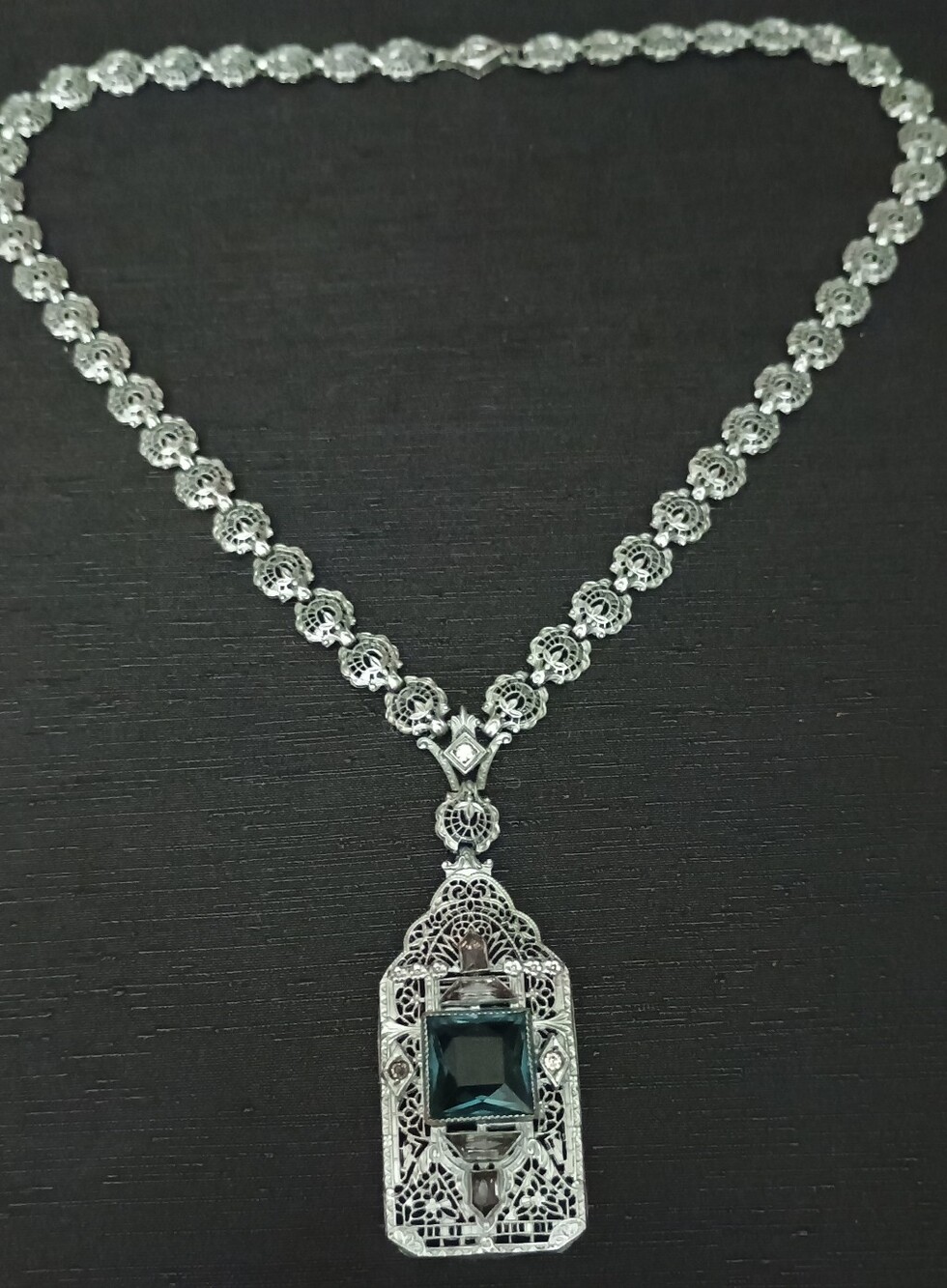 Art Deco 1930 Ornate Silver Necklace with Deep Teal Gemstone Pendant